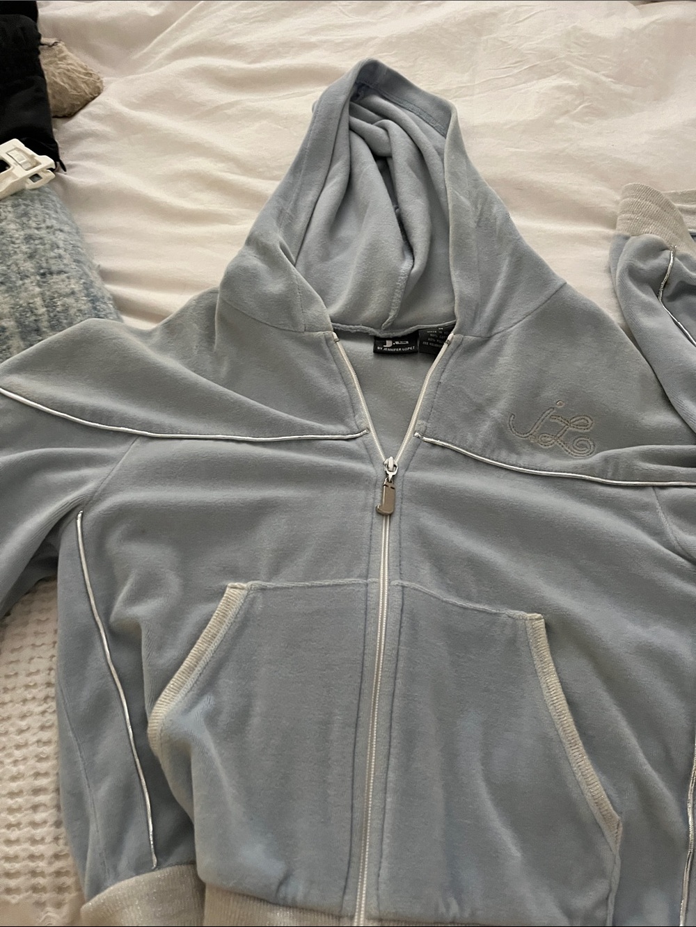 Jennifer Lopez Light Blue Hooded Zip Bomber Jacket with Cream Trim